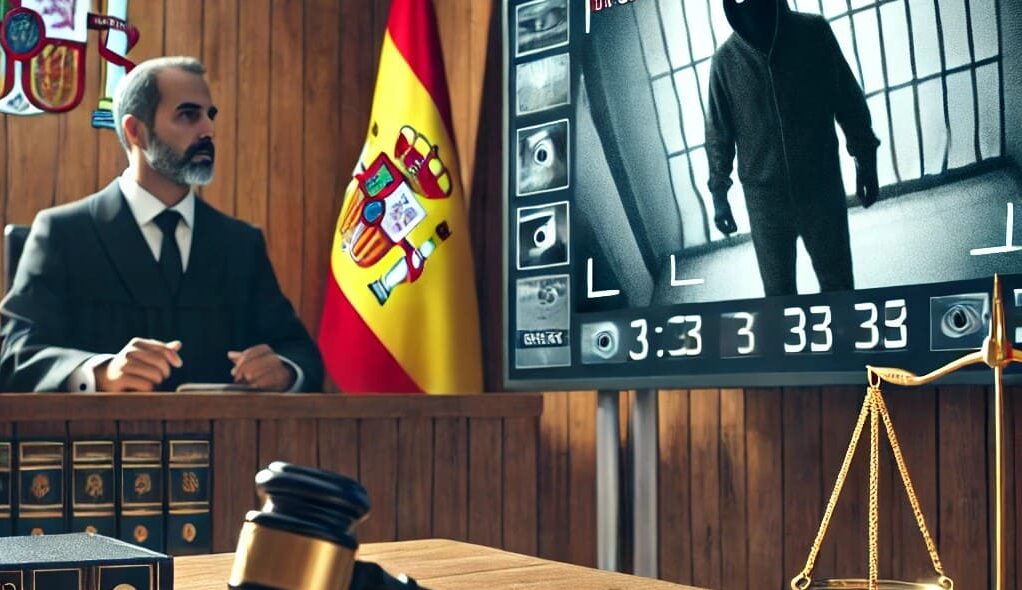 An image showing a modern courtroom in Cádiz, with a judge presiding over a case about theft or burglary. The defense lawyer is stan