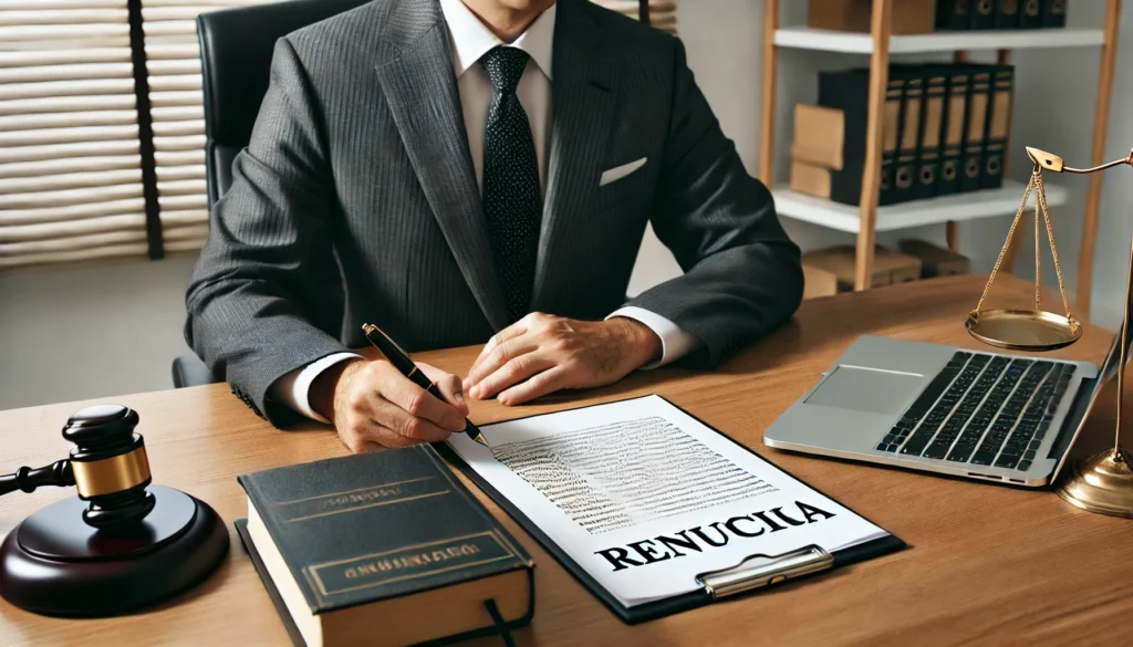 una imagen profesional de una persona sentada en un escritorio revisando documentos legales donde pone la palabra RENUNCIA