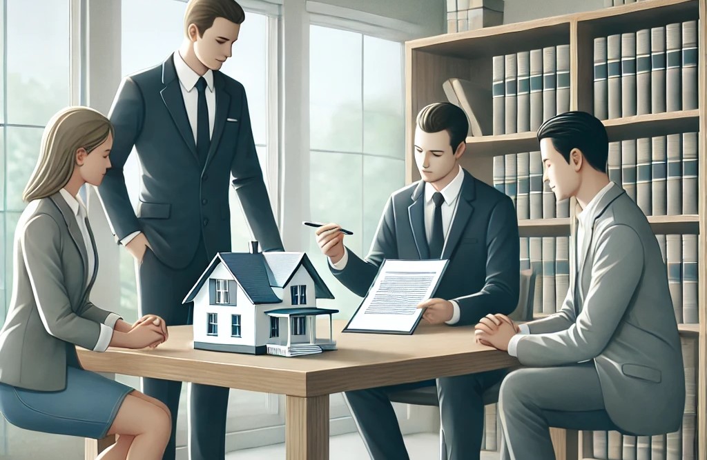 A professional scene depicting people reviewing a real estate purchase contract, with an attorney present to provide guidance